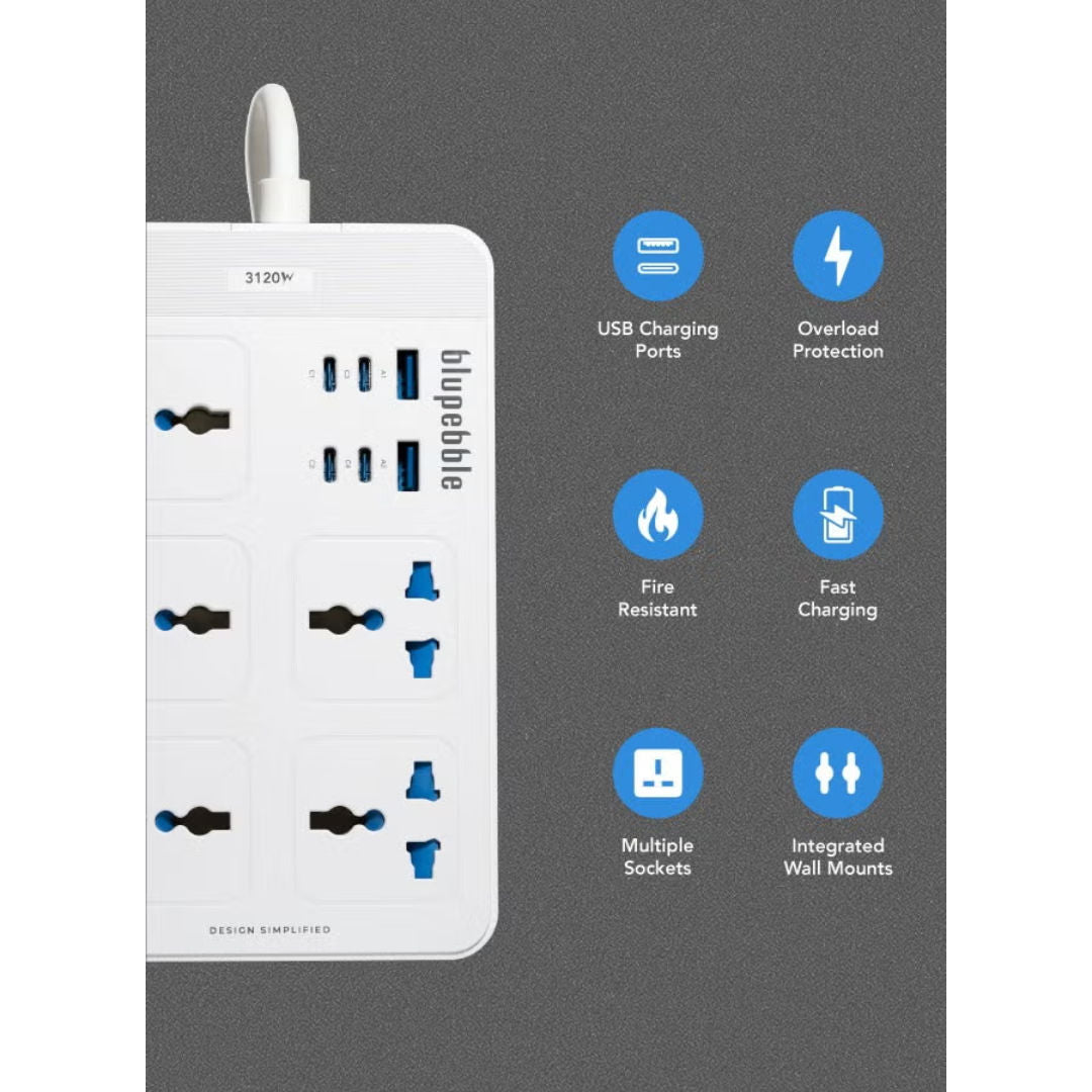 Blupebble Surge Protector 11 In 1 Universal Power Hub 3120W 4 Usb C 2M White