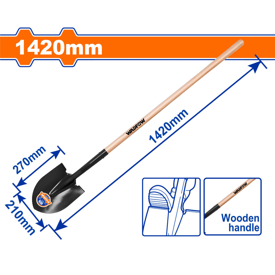 WADFOW Steel Shovel, Carbon Steel With Wooden Handle