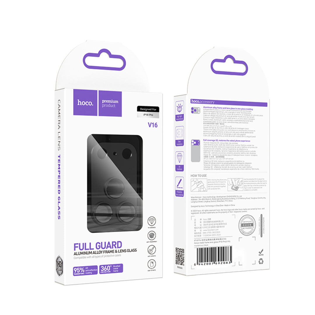 Hoco V16 Armor Metal Integrated Lens Glass for iPhone 18 Pro, 3D Full Coverage, Aluminum Alloy Protection