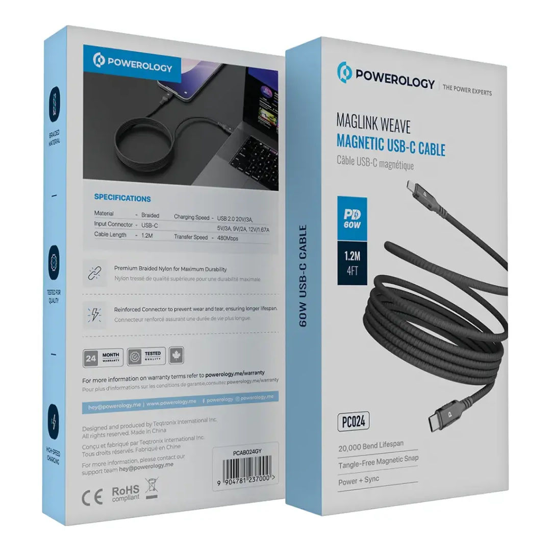 Powerology Malinka Weave Magnetic USB-C Cable, 1.2M, PD 60W, High-Speed Charging Cable