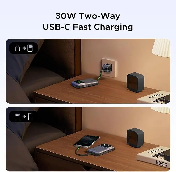 شاحن محمول UGREEN PB511 بسعة 10000 مللي أمبير في الساعة وقدرة شحن سريع تبلغ 30 واط مزود بكابل USB-C مدمج