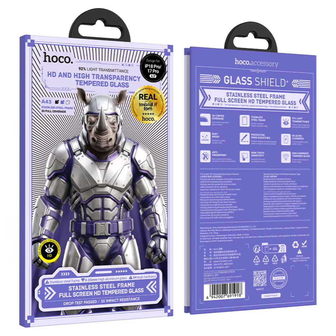 Hoco A43 Stainless Steel Frame Full Screen HD Tempered Glass for iPhone 18 Pro, iPhone 17 Pro, HD & High Transparency, Stainless Steel Frame