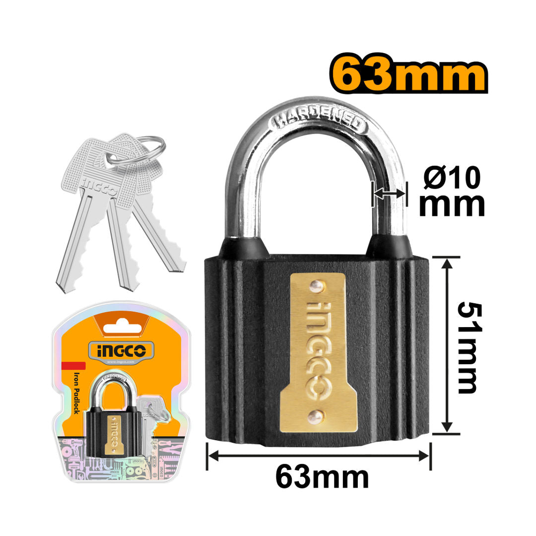 INGCO Iron Padlock, Brass Cylinder, 3 Keys, Waterproof Rubber Cover