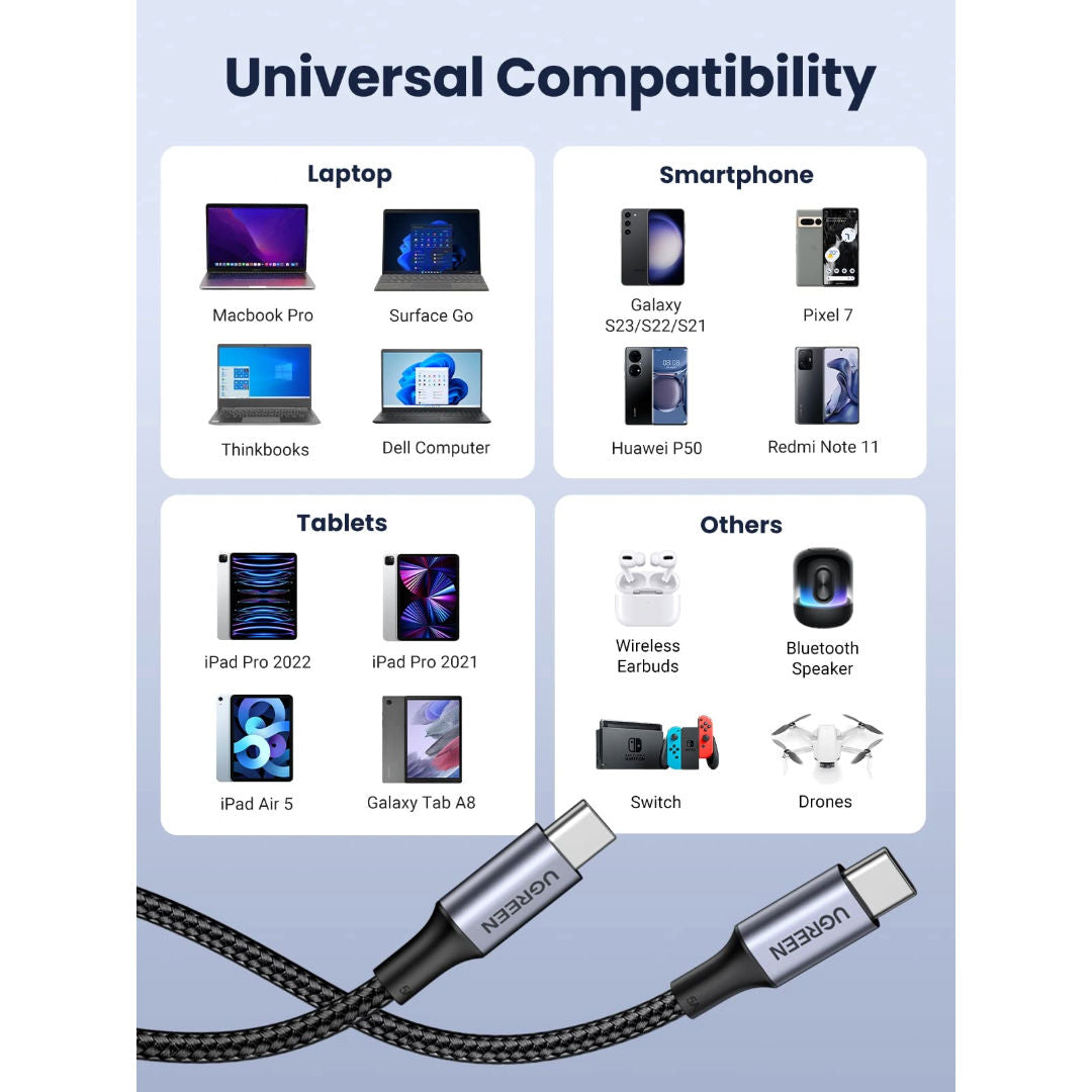 كابل الشحن السريع المضفر من UGREEN من USB-C إلى USB-C بتقنية Power Delivery بقدرة 100 واط، لون رمادي فضائي، طول 1 متر