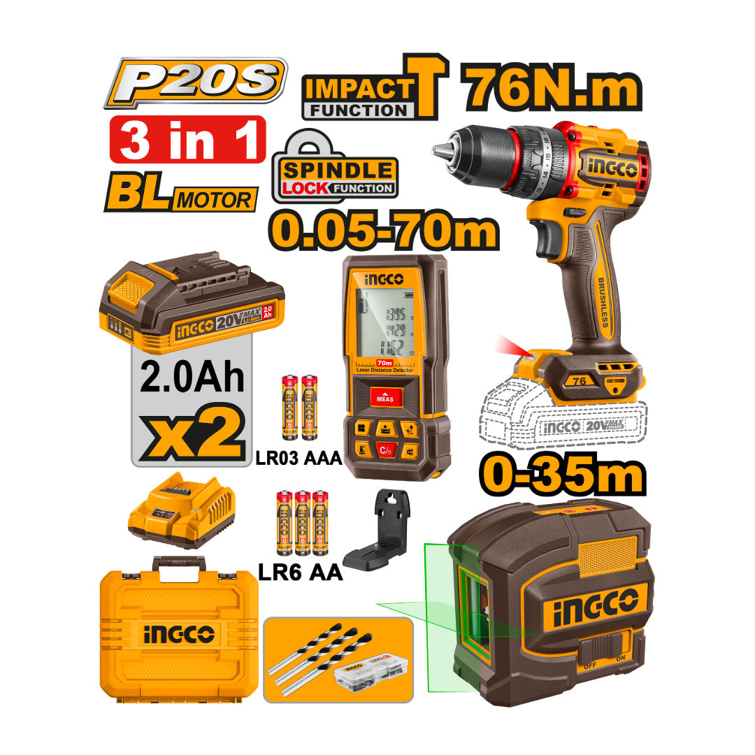INGCO 20V Cordless 3-Pc Combo  Drill + Line Laser + 70 M , Includes 2X2.0 Ah Batteries & Charger