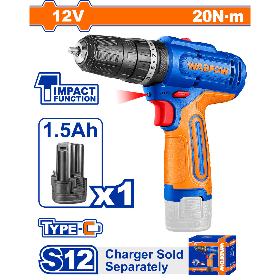 WADFOW 12V Cordless Impact Drill, 10 mm Chuck, 2-Speed, LED