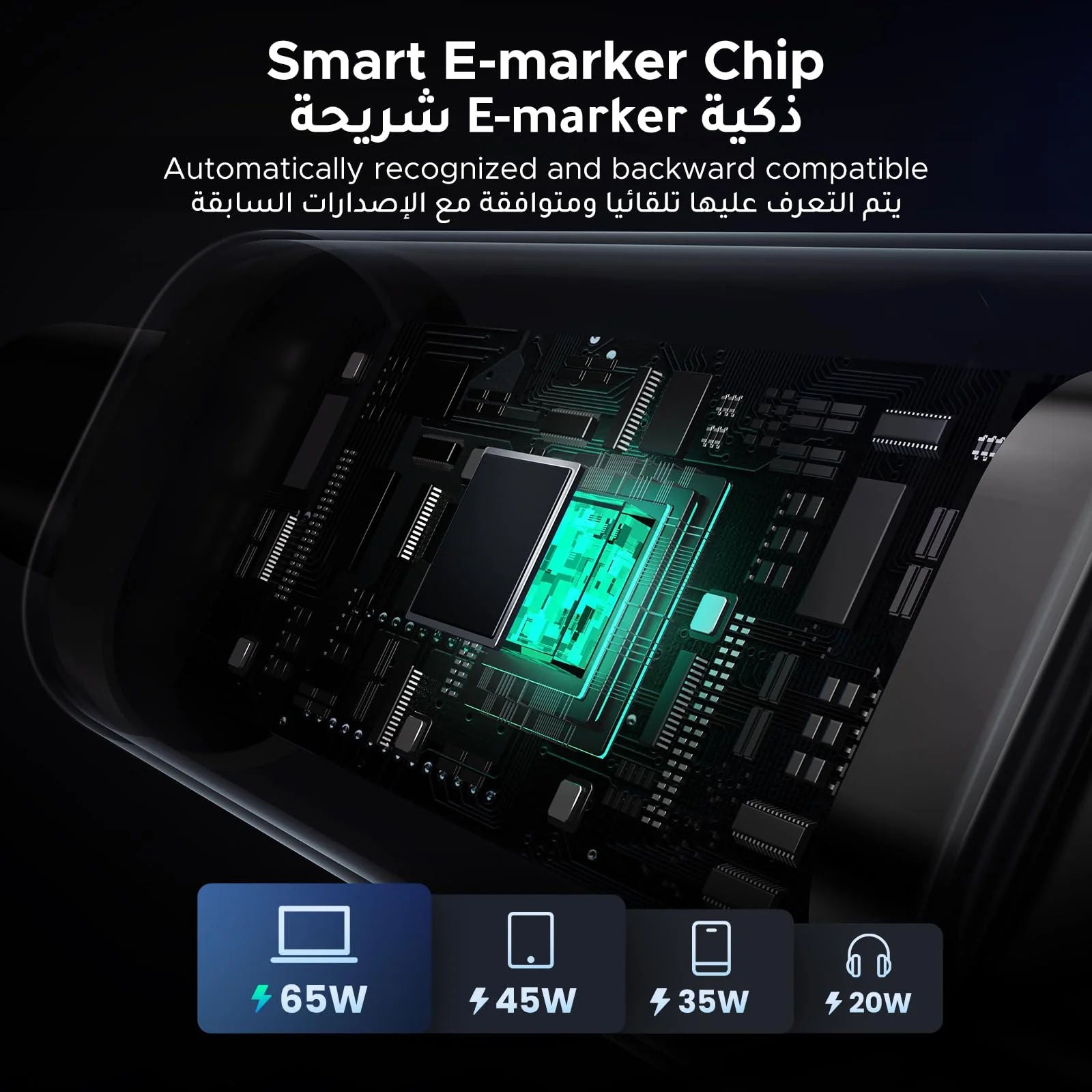 كابل UGREEN L509 Uno المضفر للشحن السريع عبر PD بقدرة 100 واط من USB-C إلى USB-C مزود بشاشة LED ذكية