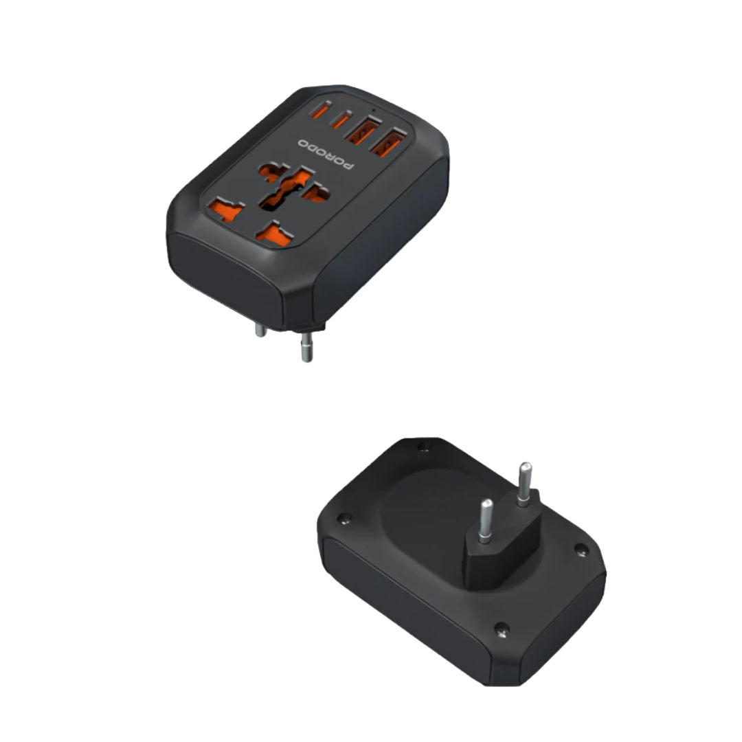 Porodo Universal AC Adapter Multi-Device Charging, 20W USB-C, 2500W Universal Socket, Black