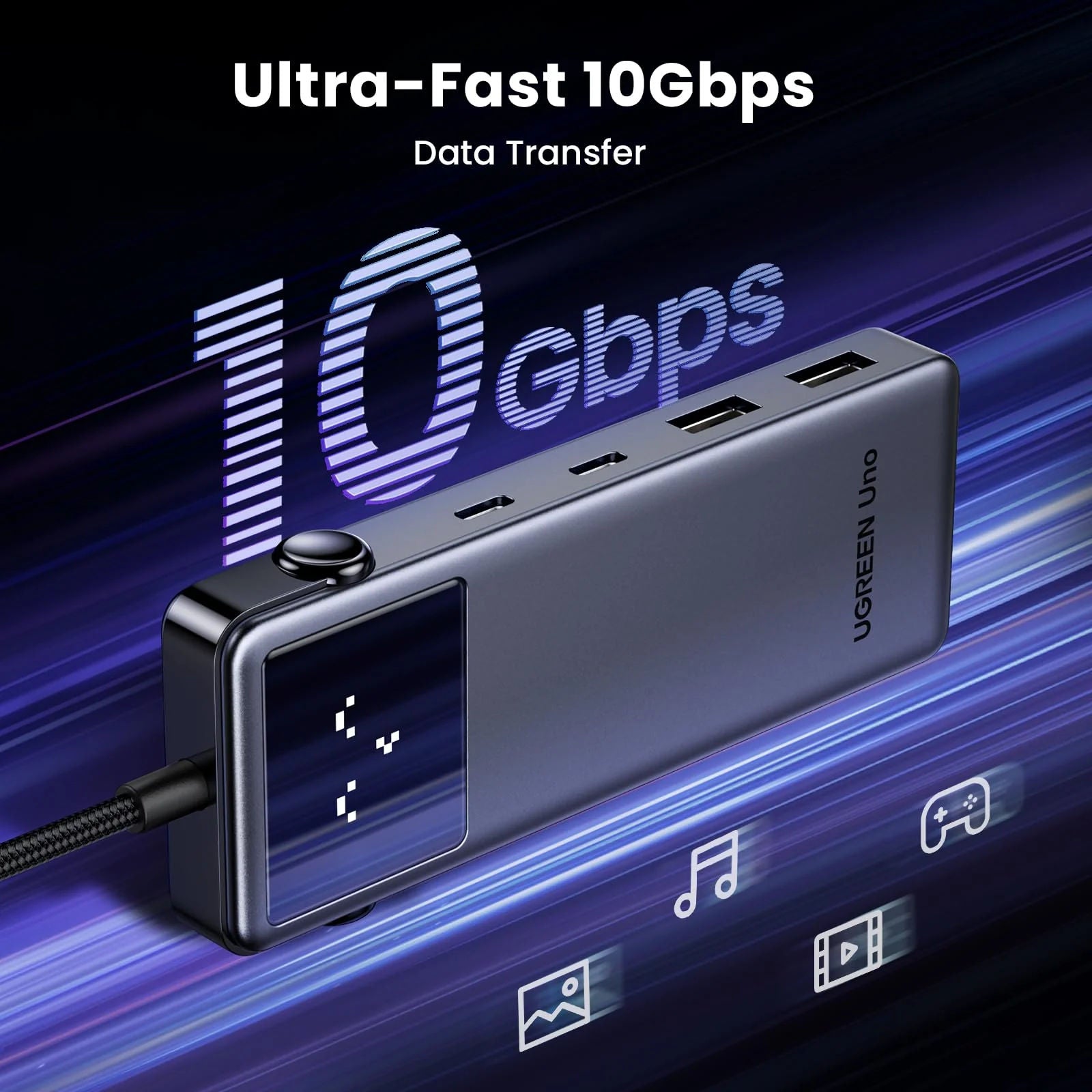 محول UGREEN Uno 6 في 1 USB-C مزود بمدخل HDMI بدقة 4K، ومنفذين USB-A 3.2، ومنفذين USB-C 3.2، ووظيفة تزويد الطاقة بقدرة 100 واط