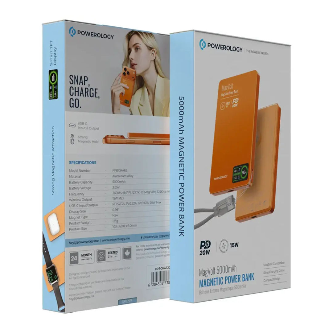 Powerology MagVolt 5000mAh Magnetic Power Bank, Smart LED Display