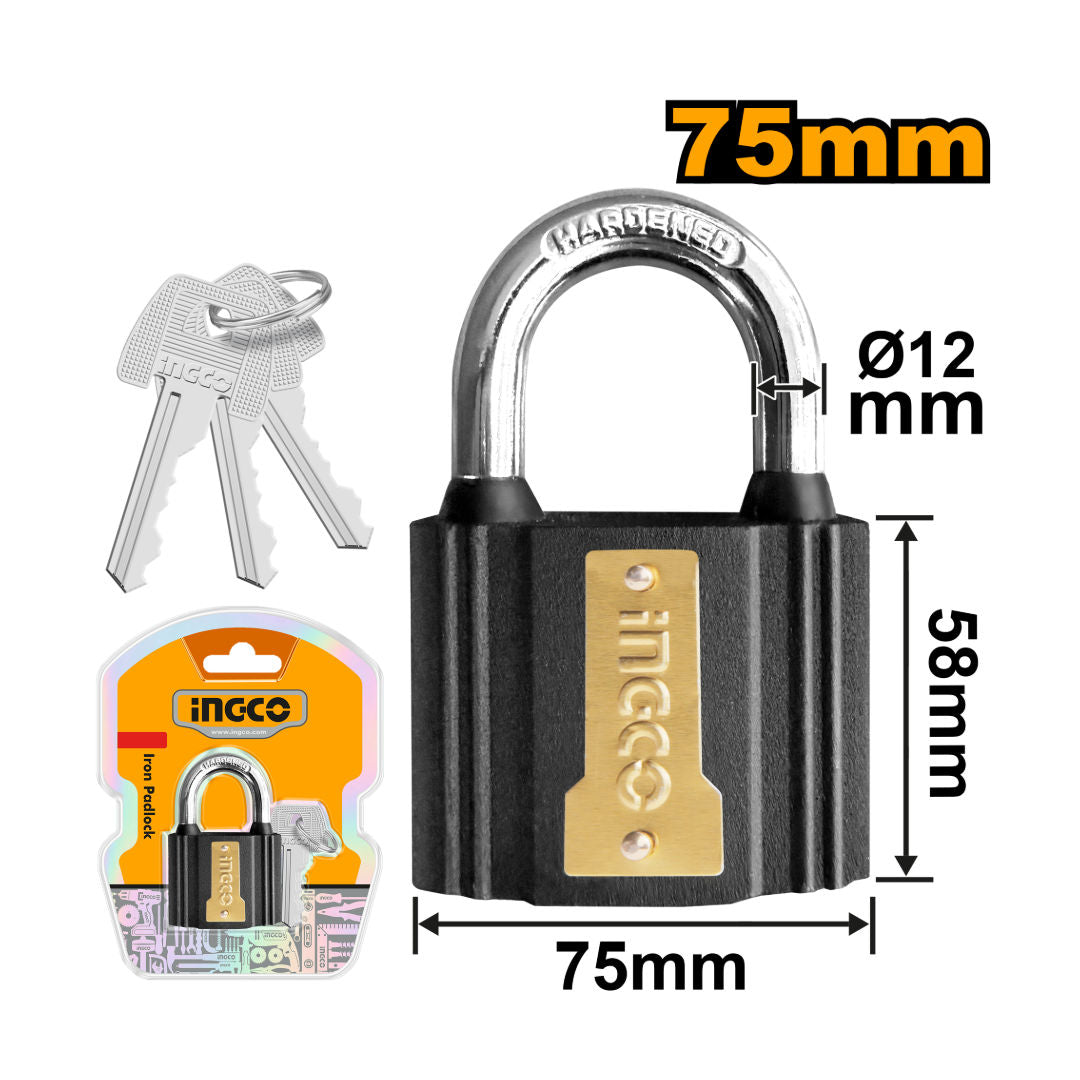 INGCO Iron Padlock, Brass Cylinder, 3 Keys, Waterproof Rubber Cover