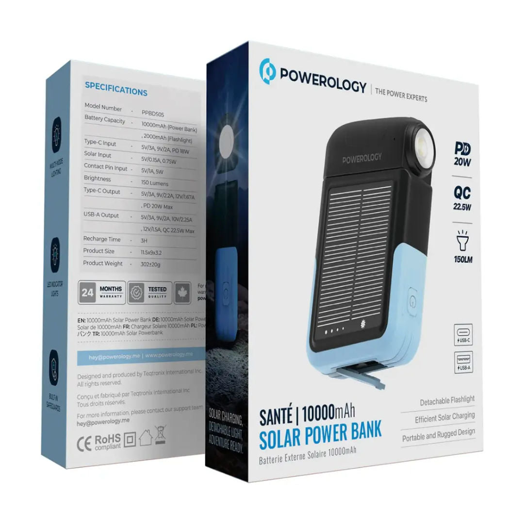 Powerology Sante 10000mAh Solar Power Bank, Black
