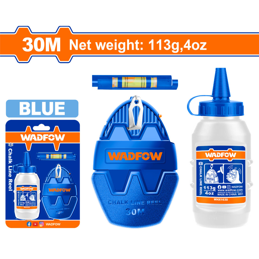 WADFOW Chalk Line Reel Set 30 m, With Chalk Bottle & Spirit Bubble Level