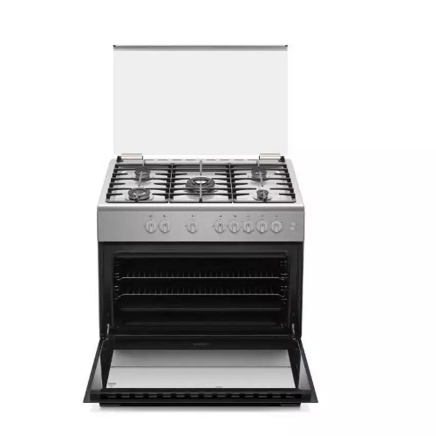 Haier Freestanding Gas Cooker with 5 Sabaf Burners, Closed Door Grilling, 110L Oven, Cast Iron Pan Support, 90x60cm, Inox Silver