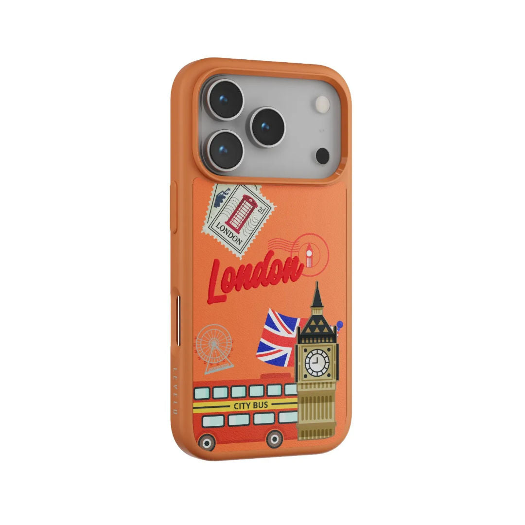 Levelo Vallo PU Leather Case for iPhone 17 Pro/Pro Max With London Embroidery Design
