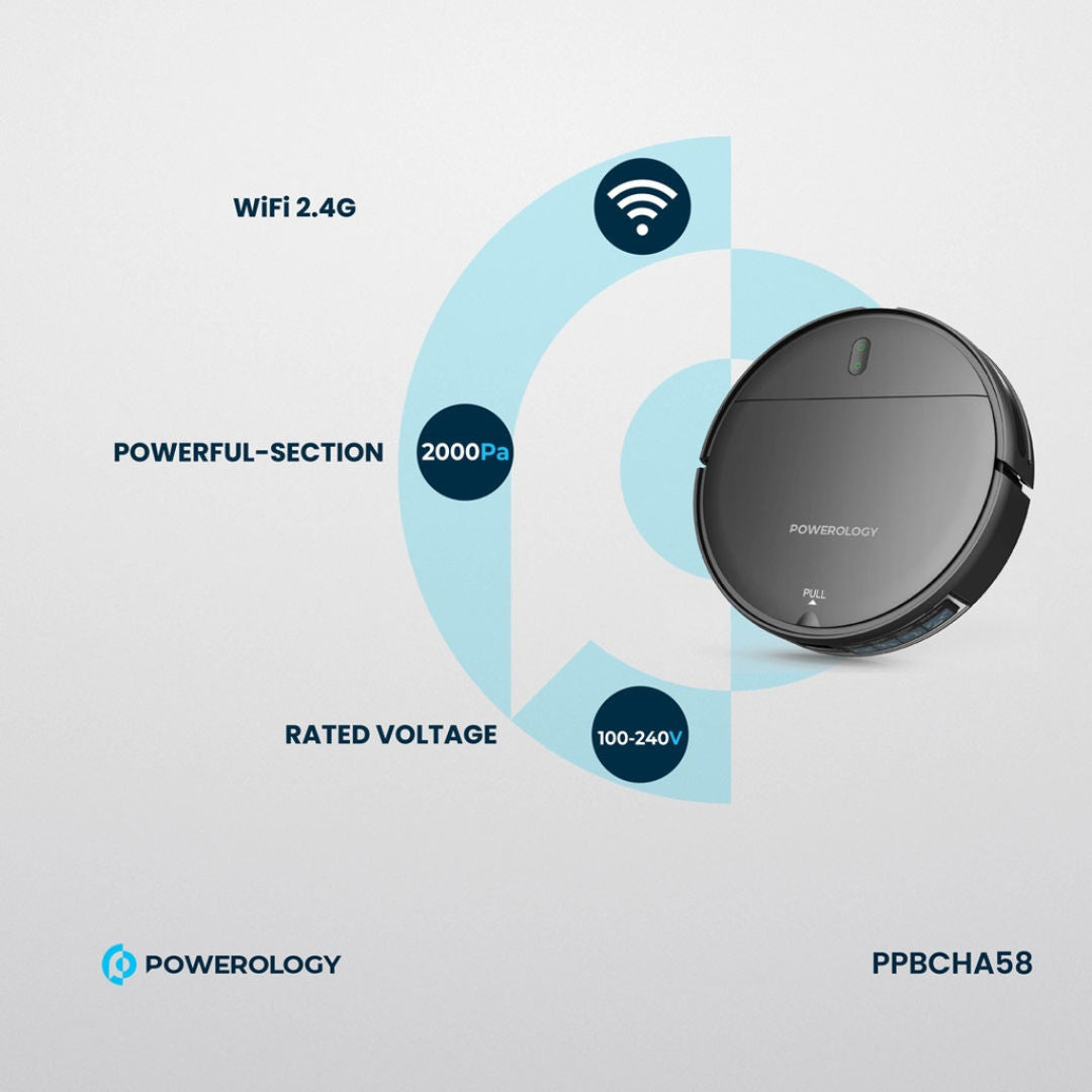 Powerology Smart Robovac Vacuum & Mop, Wi-Fi Control, Black