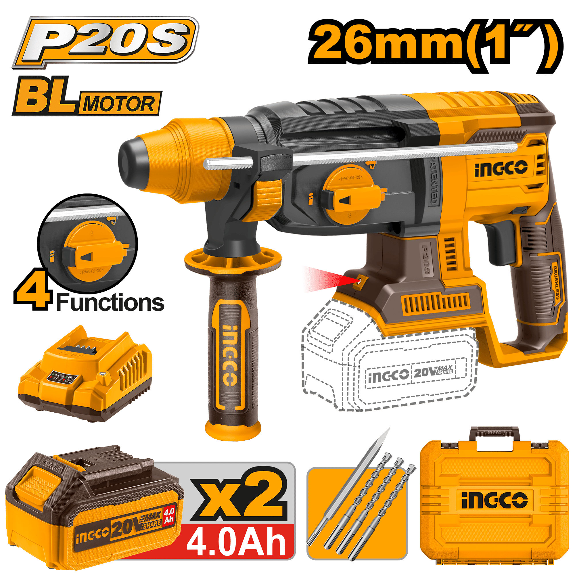 INGCO 20V Cordless Rotary Hammer, Brushless, SDS Plus, 2.5J Impact with LED Light, CRHLI202287