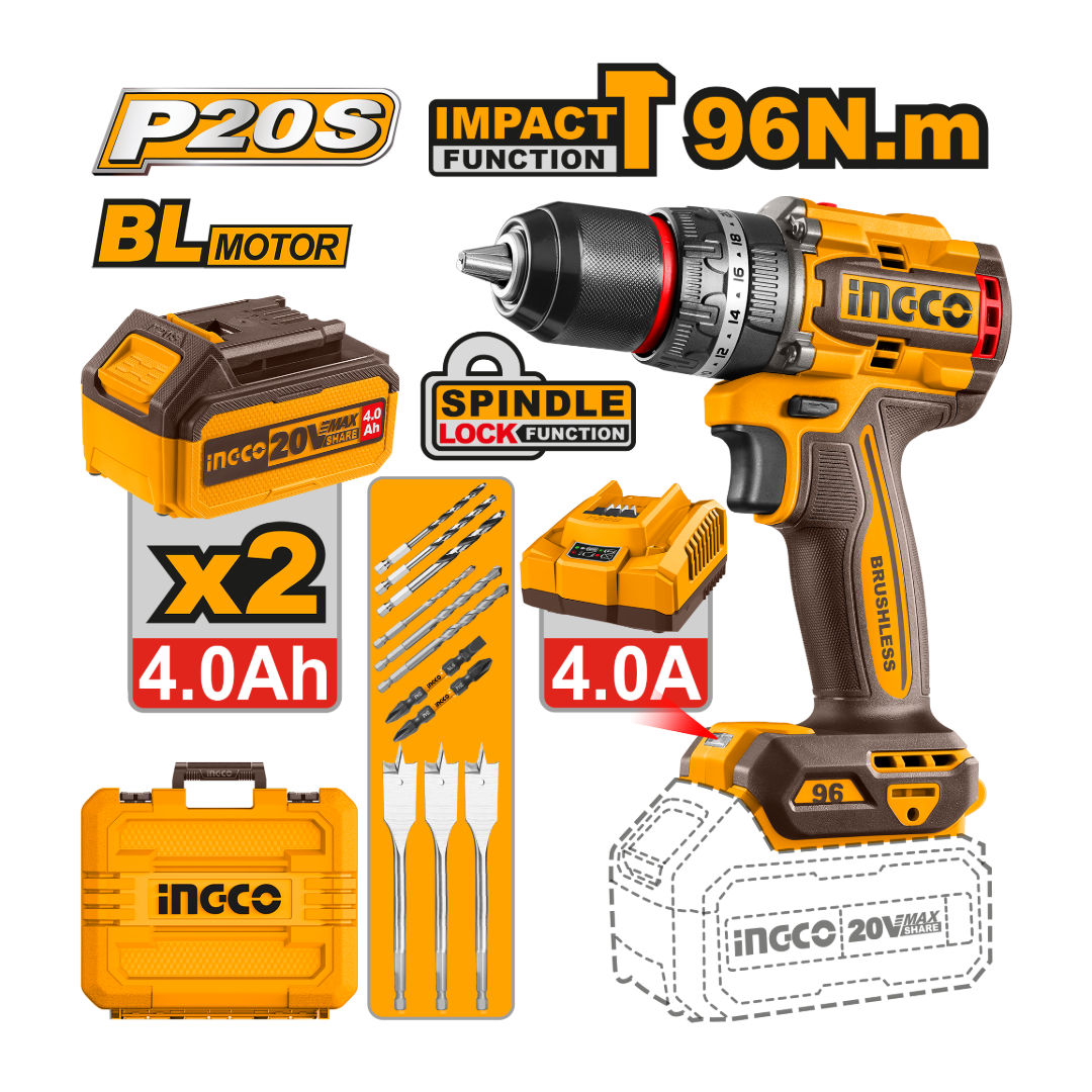 INGCO Brushless Cordless Drill Kit, 20V