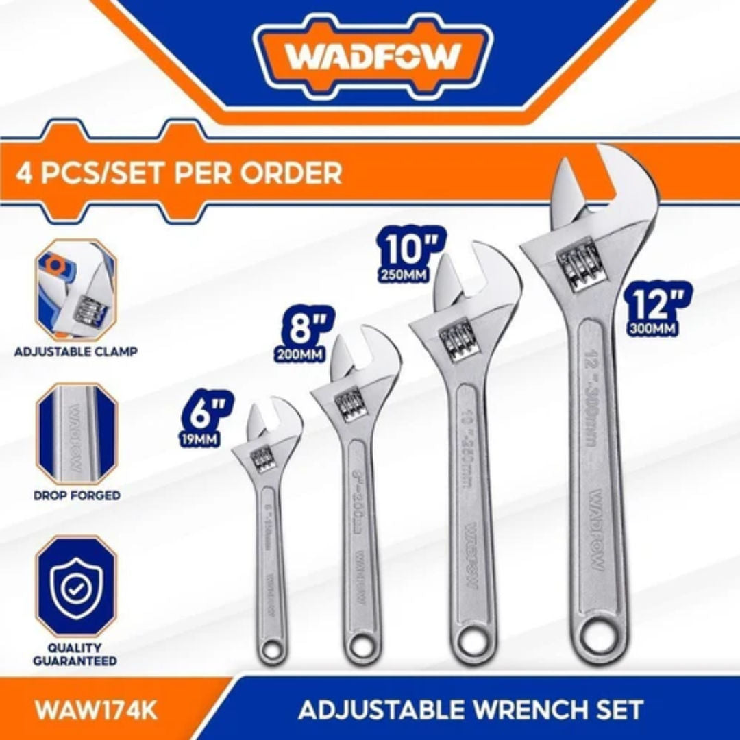 WADFOW 4 Pieces Adjustable Wrench Set 6"–12", Carbon Steel