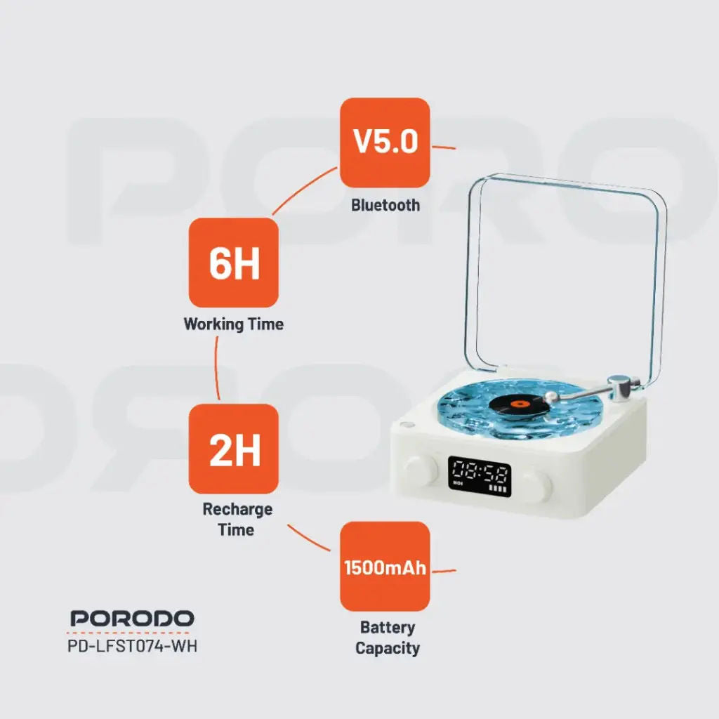 Porodo Lifestyle White Noise Portable Speaker with Clock Display, Ambient Light, Bluetooth 5.0, White