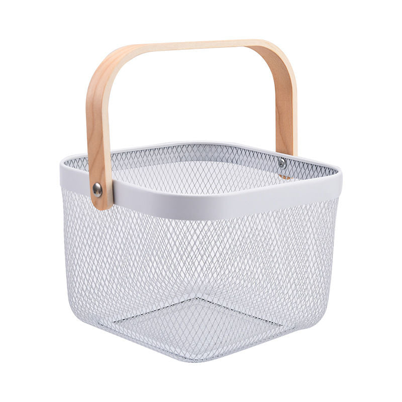 Metal Mesh Storage Basket with Wooden Handles (Square) (white)