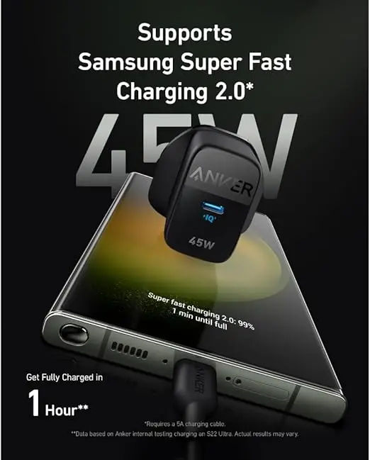 Anker 313 USB-C Fast Charger 45W, Power Delivery, Single-Port Compact Adapter, Black