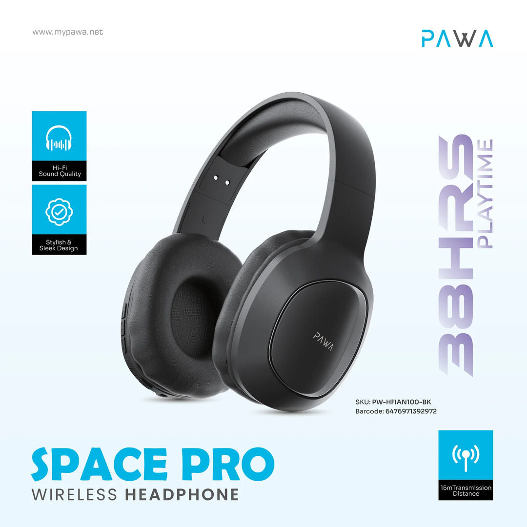 Pawa Wireless Bluetooth Headphone Space Pro, Black