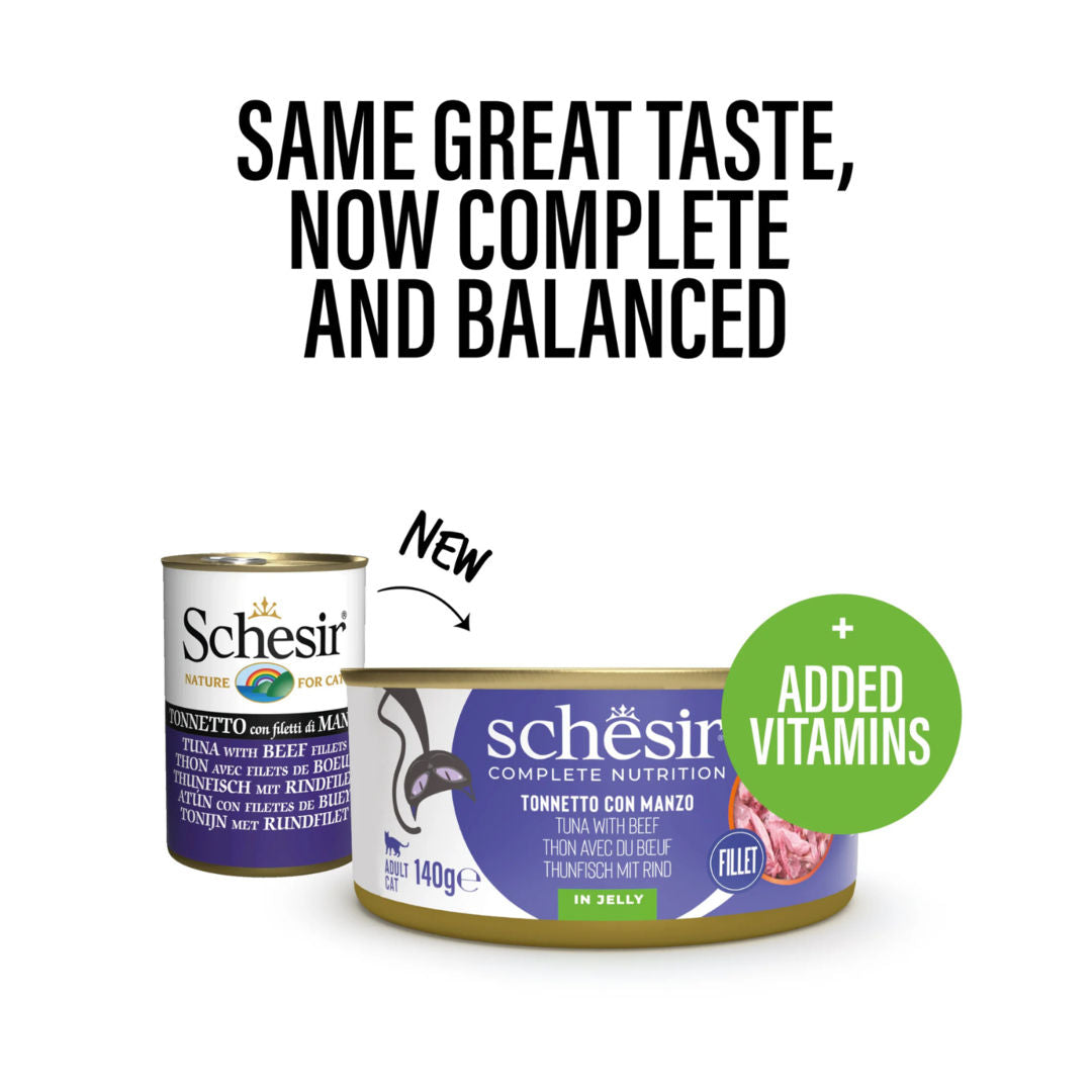 Schesir Complete & Balanced Nutrition Wet Cat Food in Jelly Can, Tuna with Beef, 140gm