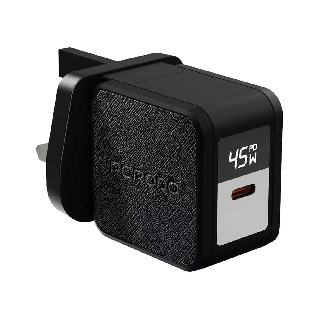 Porodo Quantum GaN 45W USB-C Wall Charger with Digital Display, Black