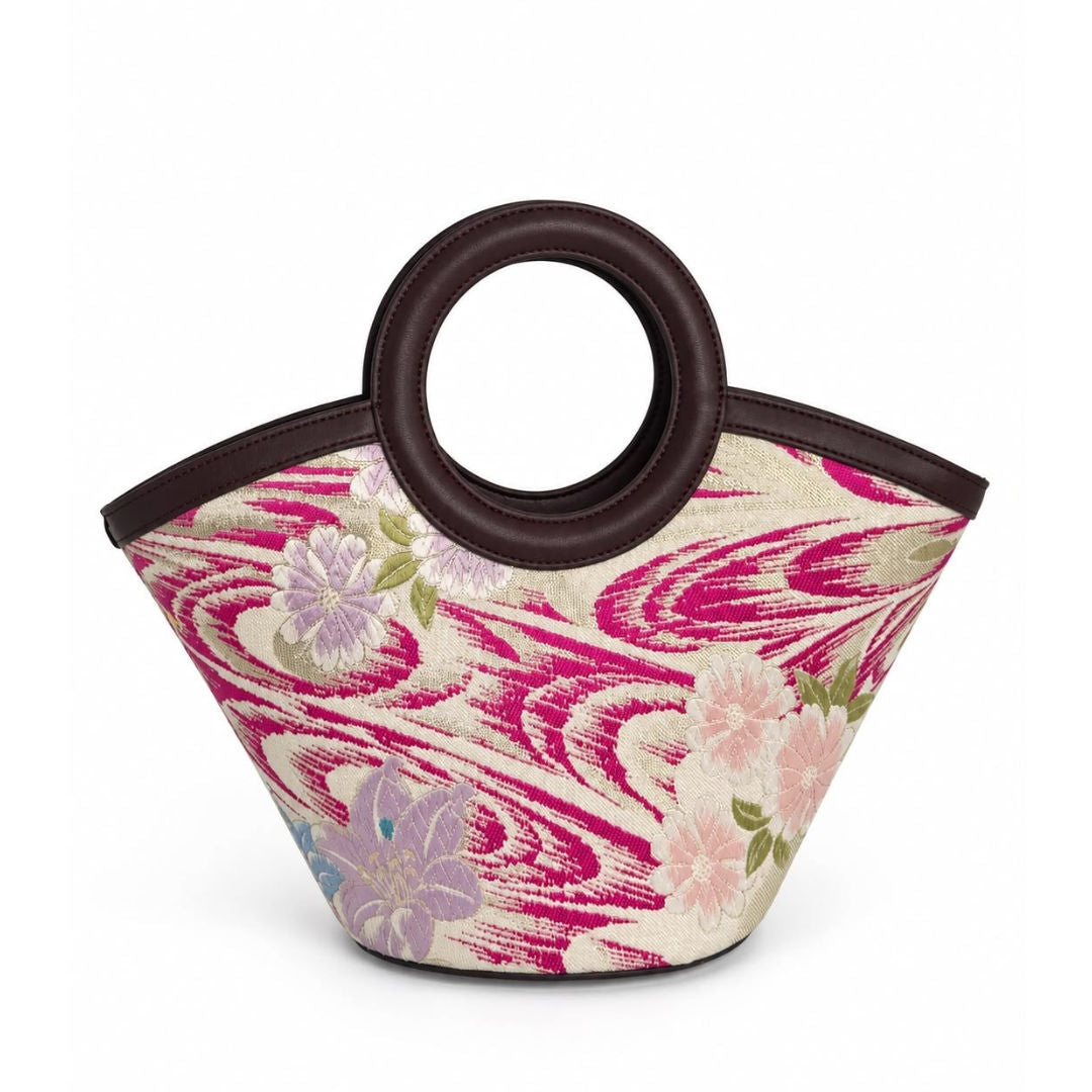 Jamila Designer Mulberry Silk Tote Bag, Floral Pattern with Round Handles, TOTEBUR-FLOWER02