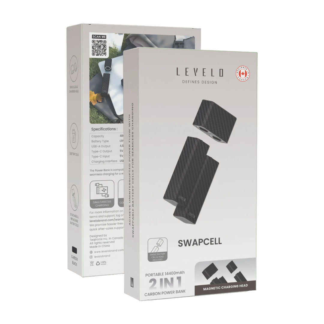 Levelo SwapCell Portable 2 in 1 14400mAh Power Bank, Carbon Black
