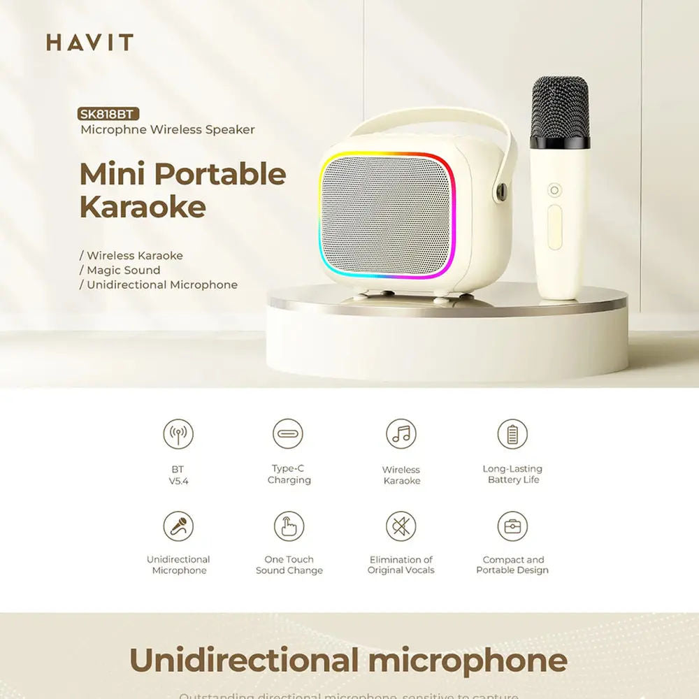 Havit SK818BT Mini Portable Karaoke Bluetooth Speaker with Microphone, LED Lights, 6–8H Playtime, Beige