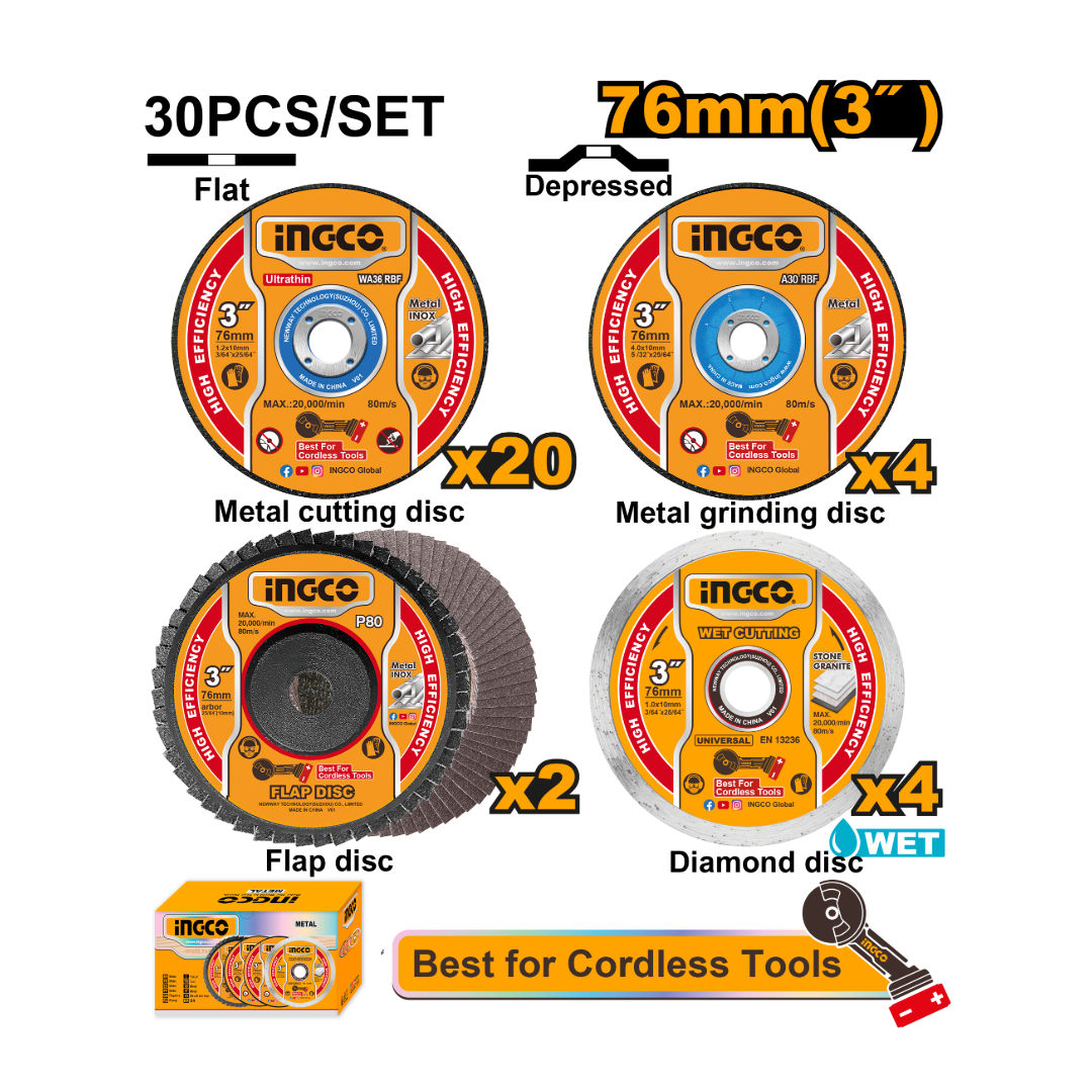 INGCO 30-Piece 3″ Cutting & Grinding Disc Set, Metal Cut, Grinding, Diamond & Flap Discs