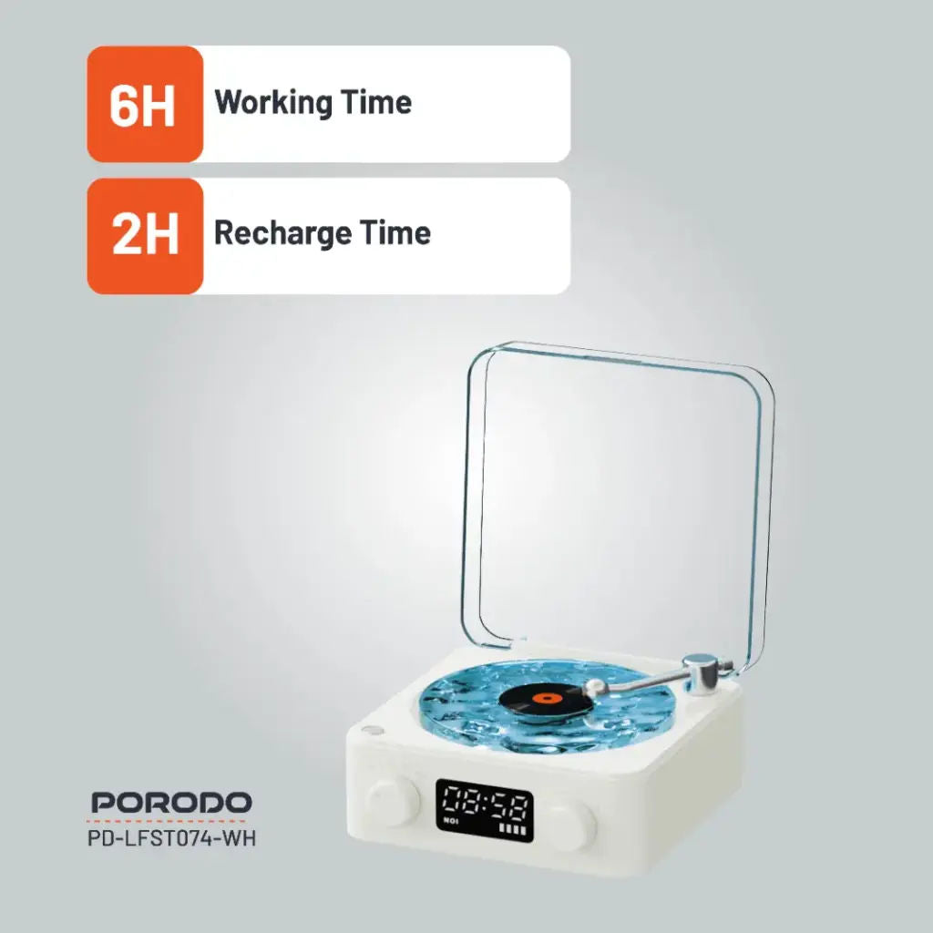 Porodo Lifestyle White Noise Portable Speaker with Clock Display, Ambient Light, Bluetooth 5.0, White