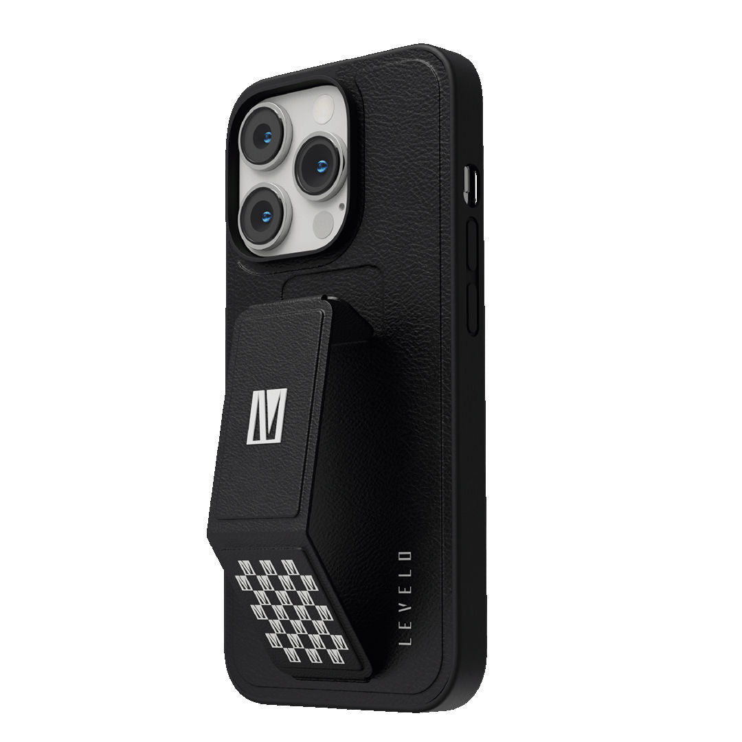 Levelo Morphix Gripstand PU Leather Case For iPhone 14 Pro, Black