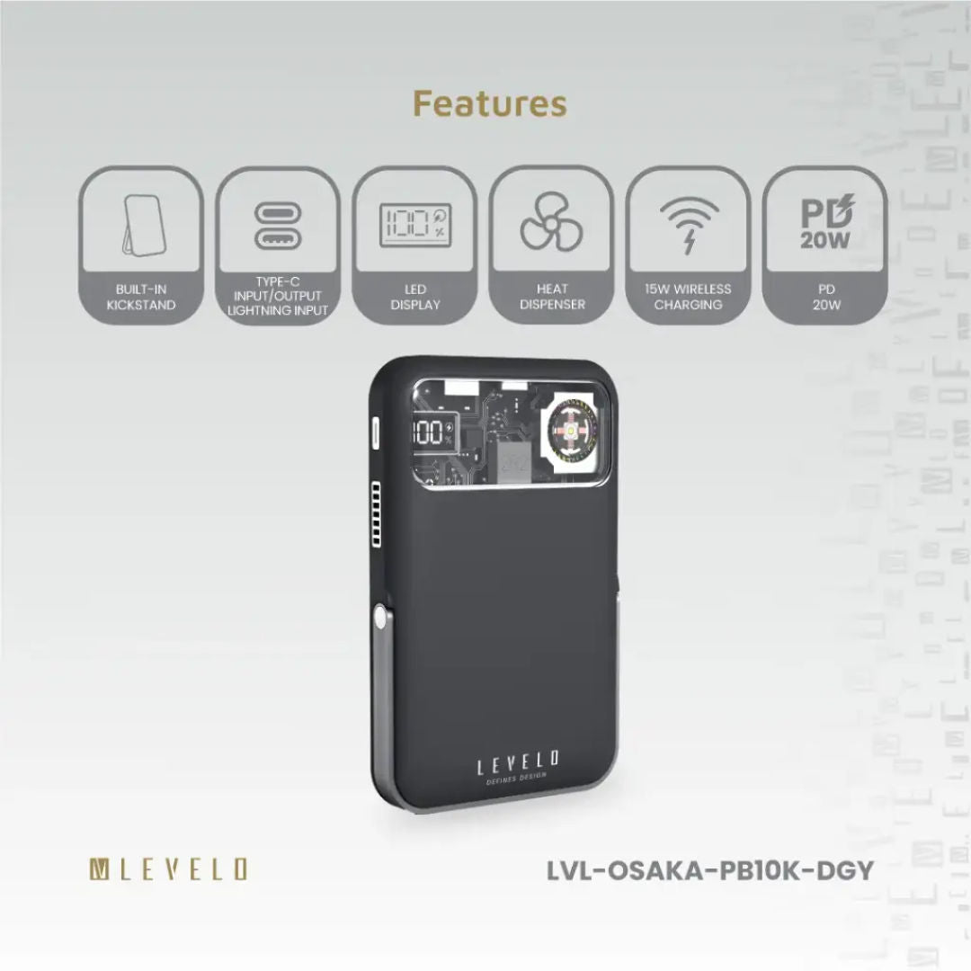 Levelo Osaka Portable 10000mAh Power Bank, Dark Grey