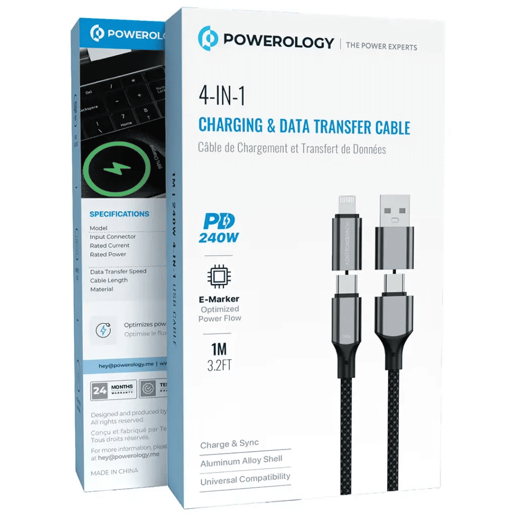 Powerology 4-In-1 Charging & Data Transfer Cable, Black