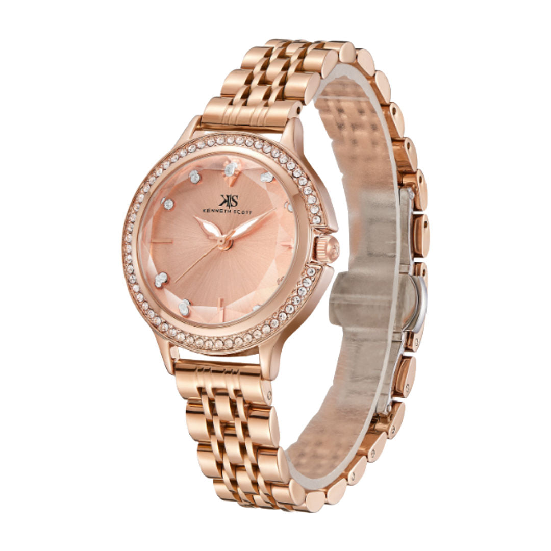 Kenneth Scott Women’s Analog Watch with Rose Gold Dial & Stainless Steel Strap
