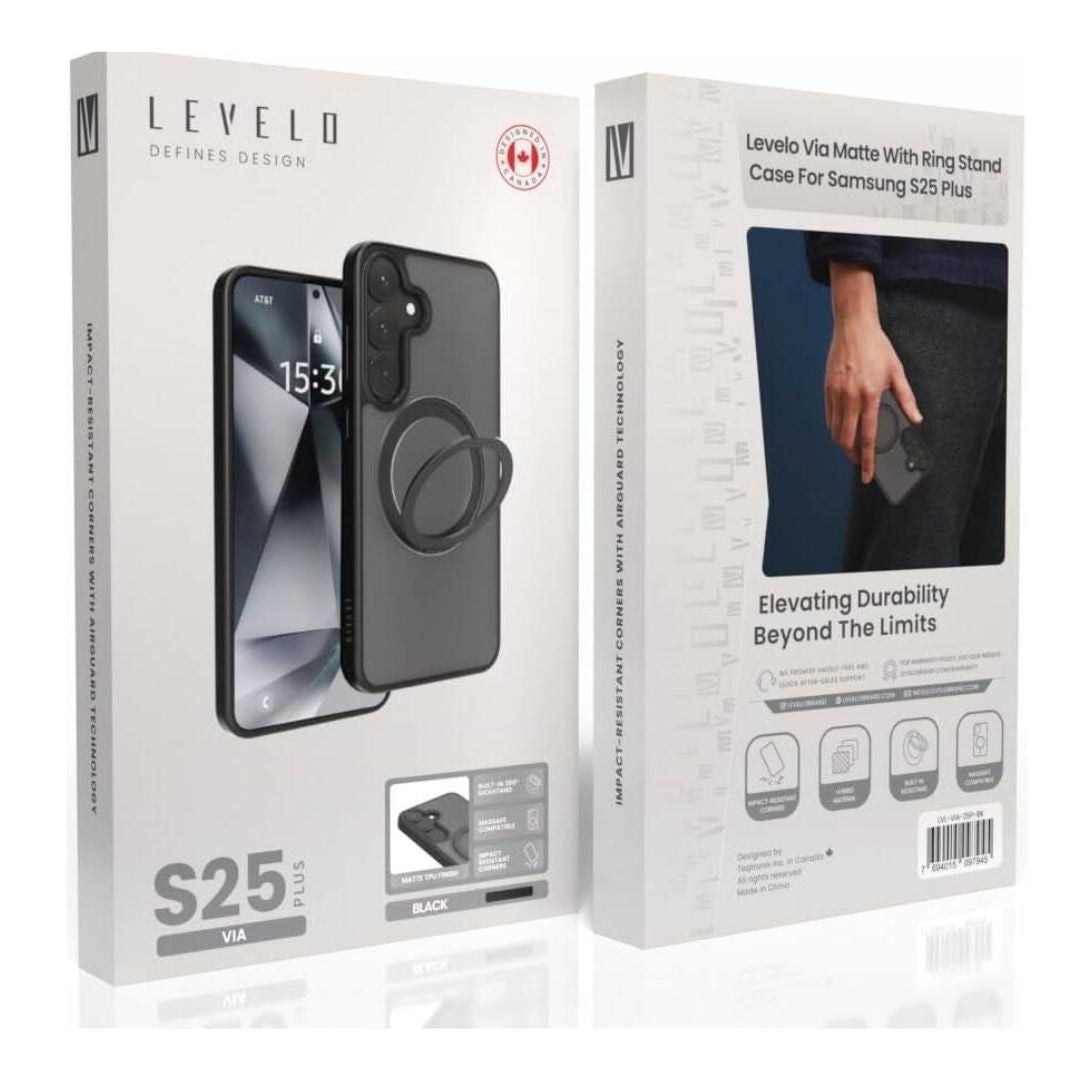 Levelo Via Matte With Ring Stand Case For Samsung S25 Ultra & S25 Plus, Black