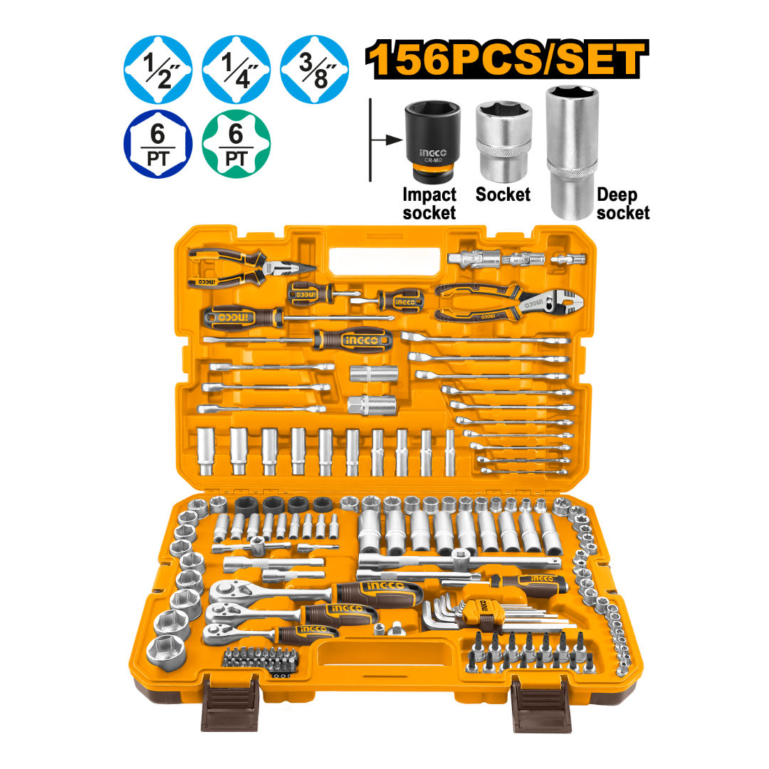 INGCO 156-Piece Combination Mechanics Tool Set, 1/4″, 3/8″ & 1/2″ Drive Sockets, Impact Sockets, Ratchets, Spanners & Accessories in Carry Case