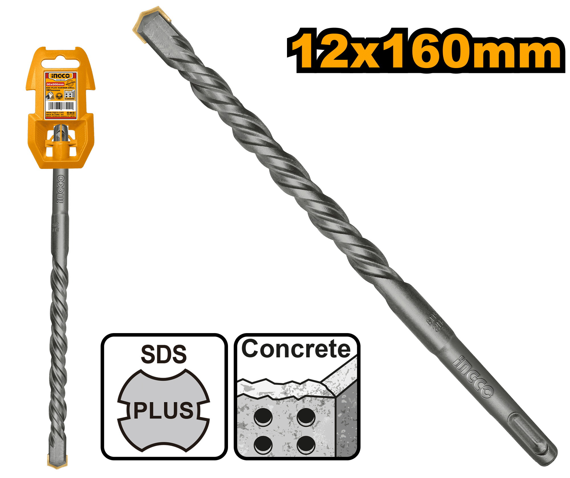 INGCO SDS Plus Drill Bit 12x160mm Carbide Tip Concrete Masonry Drill Bit Heavy Duty