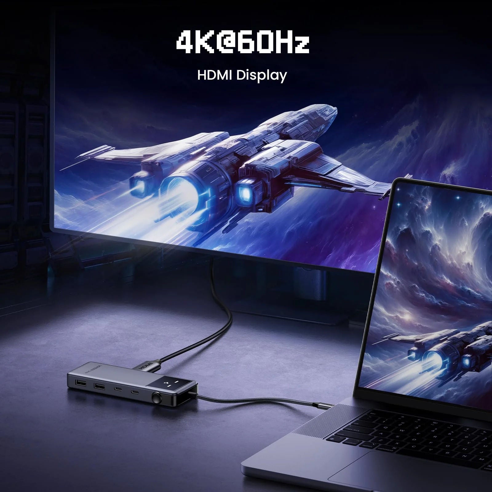 محول UGREEN Uno 6 في 1 USB-C مزود بمدخل HDMI بدقة 4K، ومنفذين USB-A 3.2، ومنفذين USB-C 3.2، ووظيفة تزويد الطاقة بقدرة 100 واط