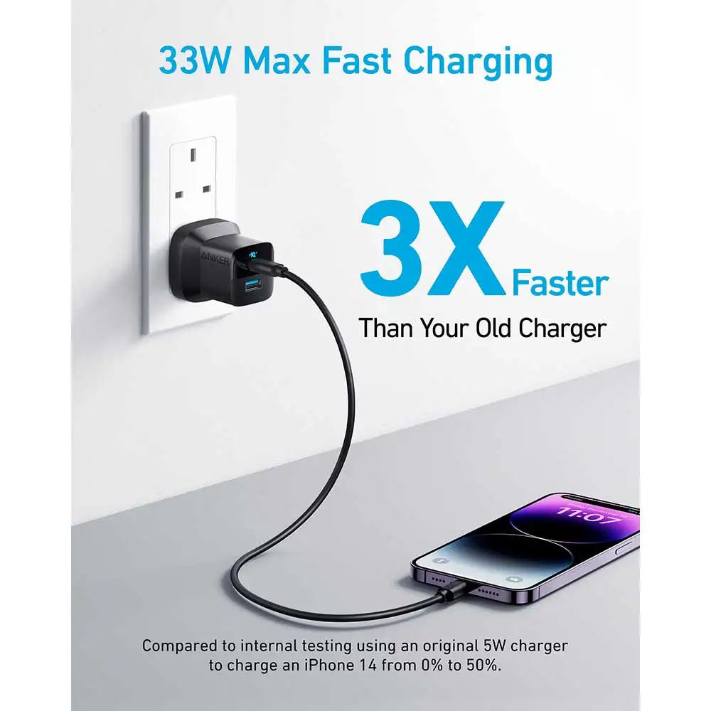شاحن Anker 323 بقدرة 33 واط، شاحن سريع ثنائي المنفذين USB-C PD + USB-A، تصميم صغير الحجم، أسود