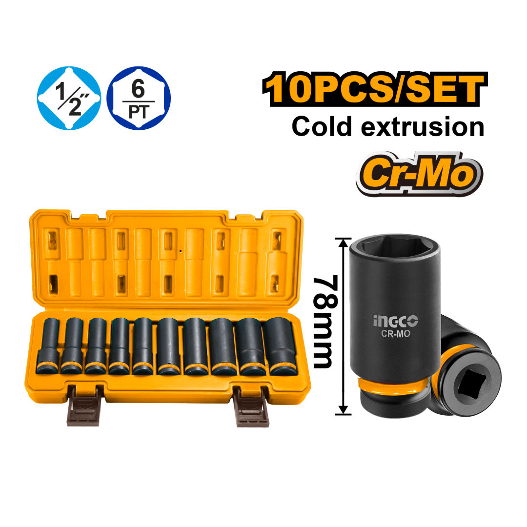 INGCO 10-Pieces 1/2" Deep Impact Socket Set