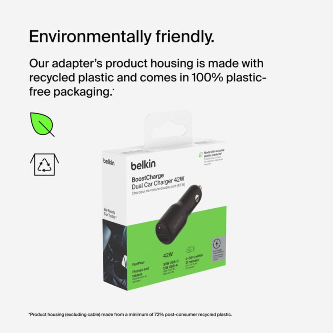 Belkin Boost Charge™ 42W Dual Car Charger, 30W USB-C and 12W USB-A, Black