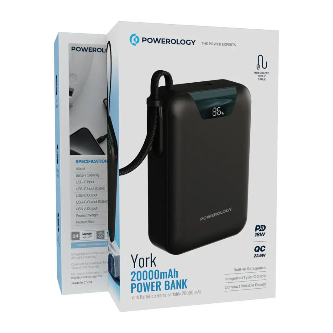 Powerology York 20000mAh Power Bank, Black, Digital Battery Display
