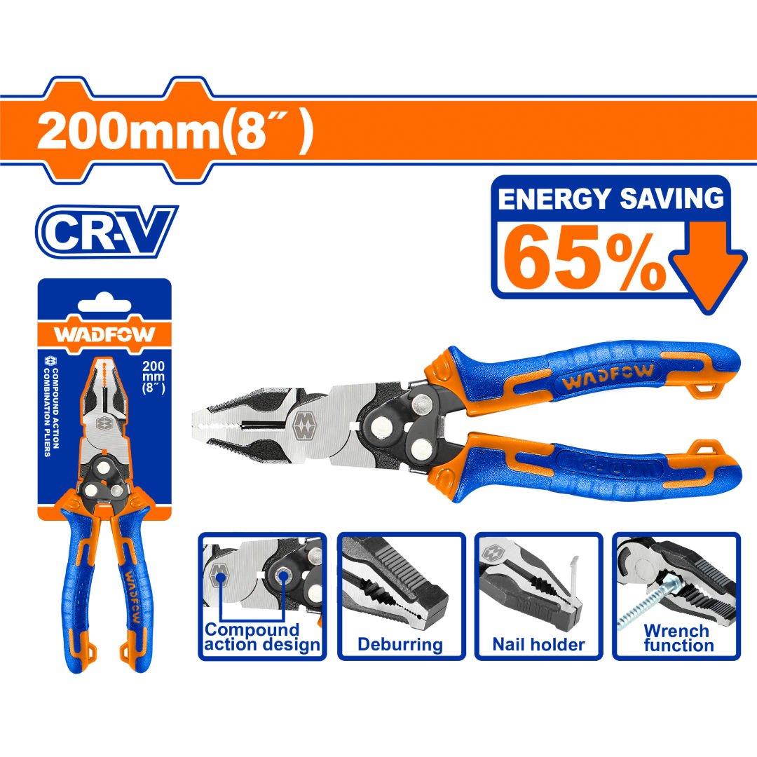 WADFOW Compound Action Combination Pliers 8″ (200 mm), Cr-V Steel, Energy Saving Design