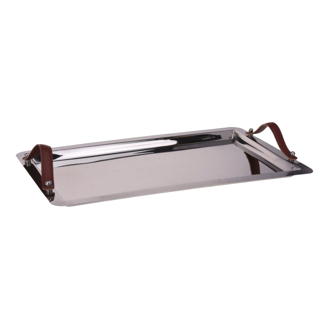 Rectangular Stainless Steel Serving Tray with Brown Faux Leather Handles