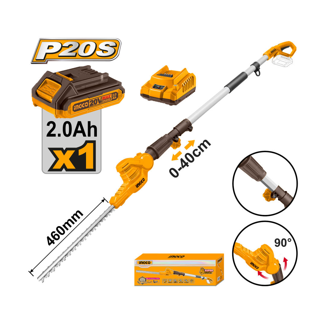 INGCO 20V Cordless Pole Hedge Trimmer, 460 mm Laser Blade, 2800 spm, 2.4 m Reach, Strap, 2.0Ah Battery & Charger