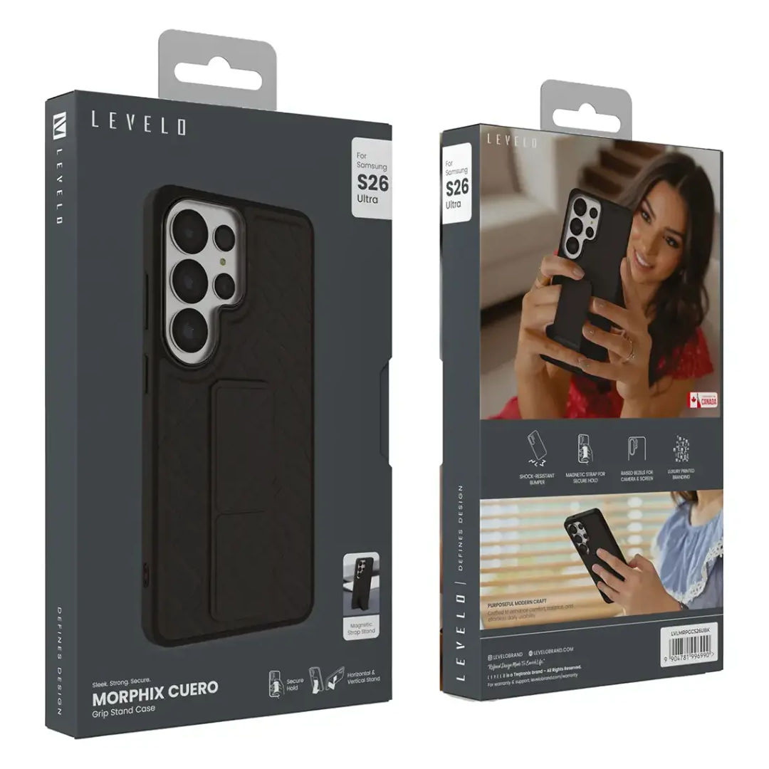 Levelo Morphix Cuero Grip Stand Case For Samsung S26 Ultra, Black